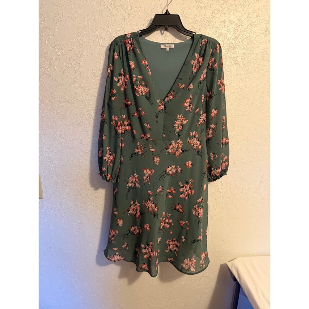 Madewell Womens Floral V-Neck Long Sleeve Mini Dress Sage Green Size 14
